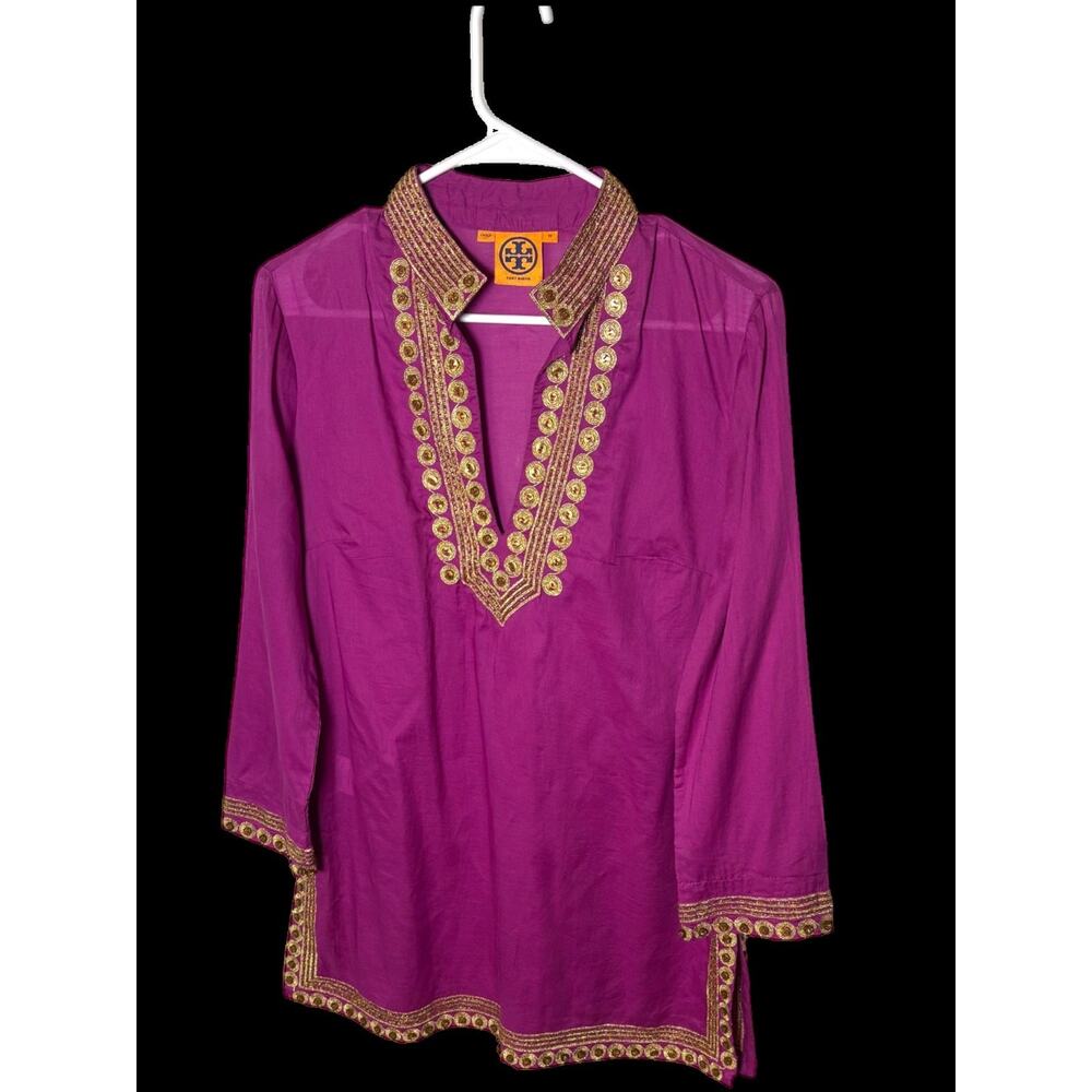 Tory Burch Tunic Boho Sheer 100% Cotton Embroidered Gold Trim Pink Sz 10 - Picture 3 of 8